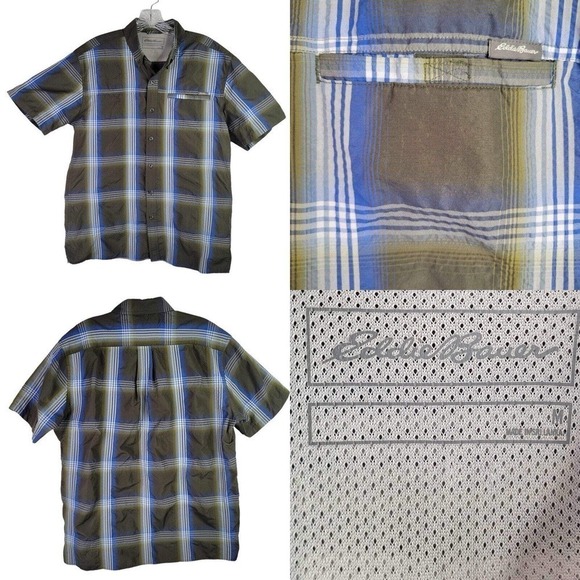 Eddie Bauer Shirt Blue Green Plaid Short Sleeve Button Down Men's Hiking Size M - Picture 1 of 10